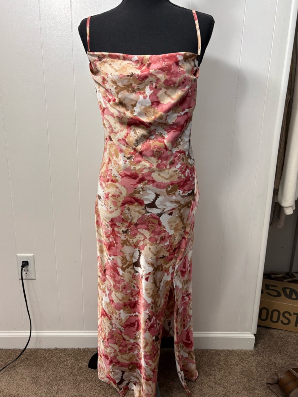 Floral Satin Slip Dress in Pink and Cream